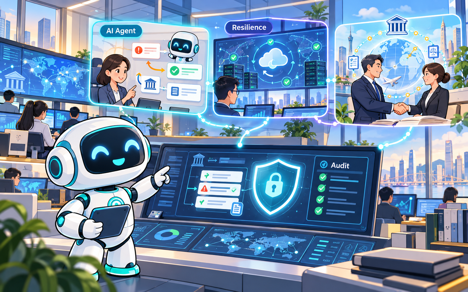 友善小機器人在付款例外、雲端韌性與跨境金融治理場景引導金融 AI 工作流的漫畫式科技插圖