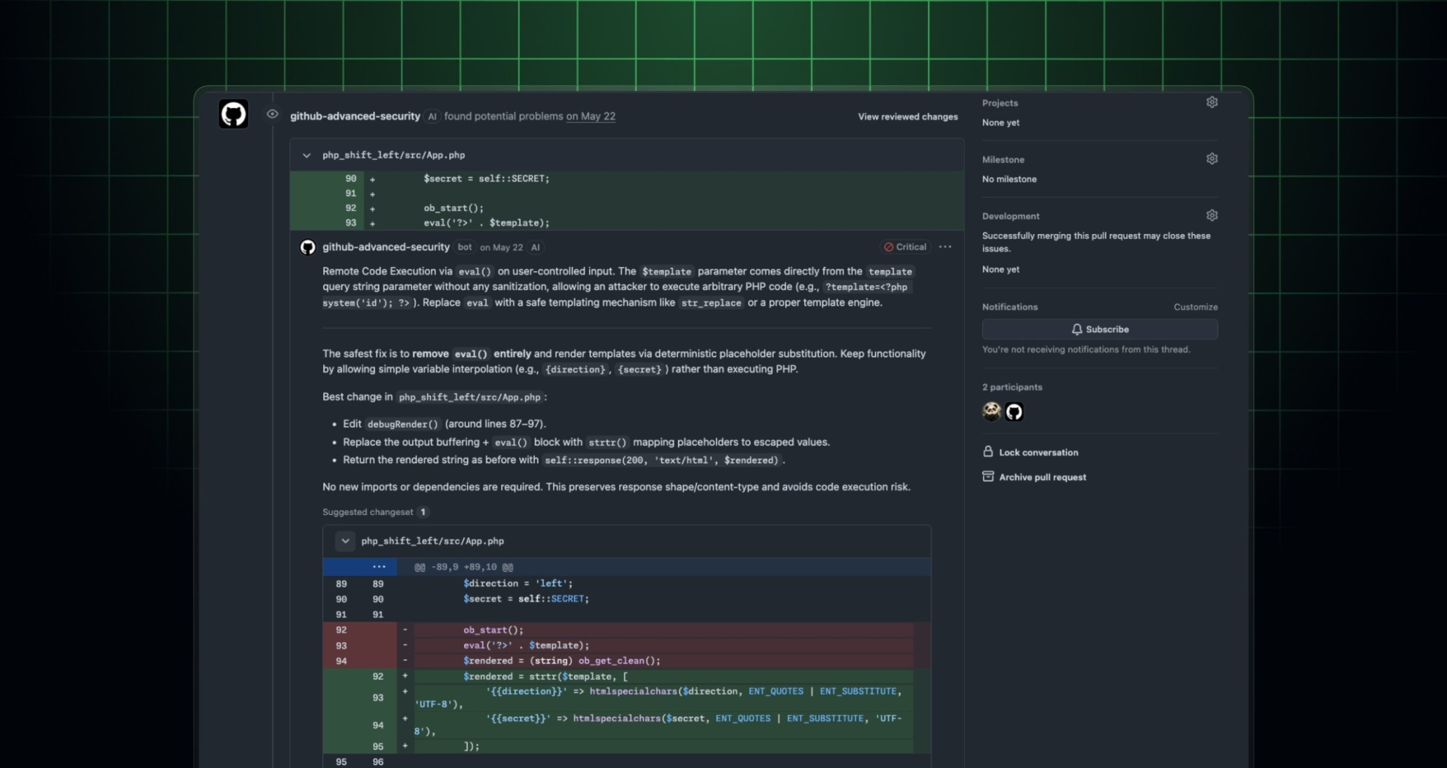GitHub AI Scan for pull requests 官方公告的 PR 畫面