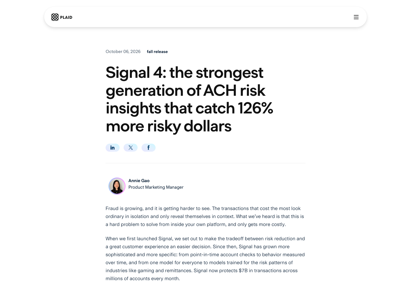 Plaid Signal 4 官方公告的 ACH 風控成效敘述截圖