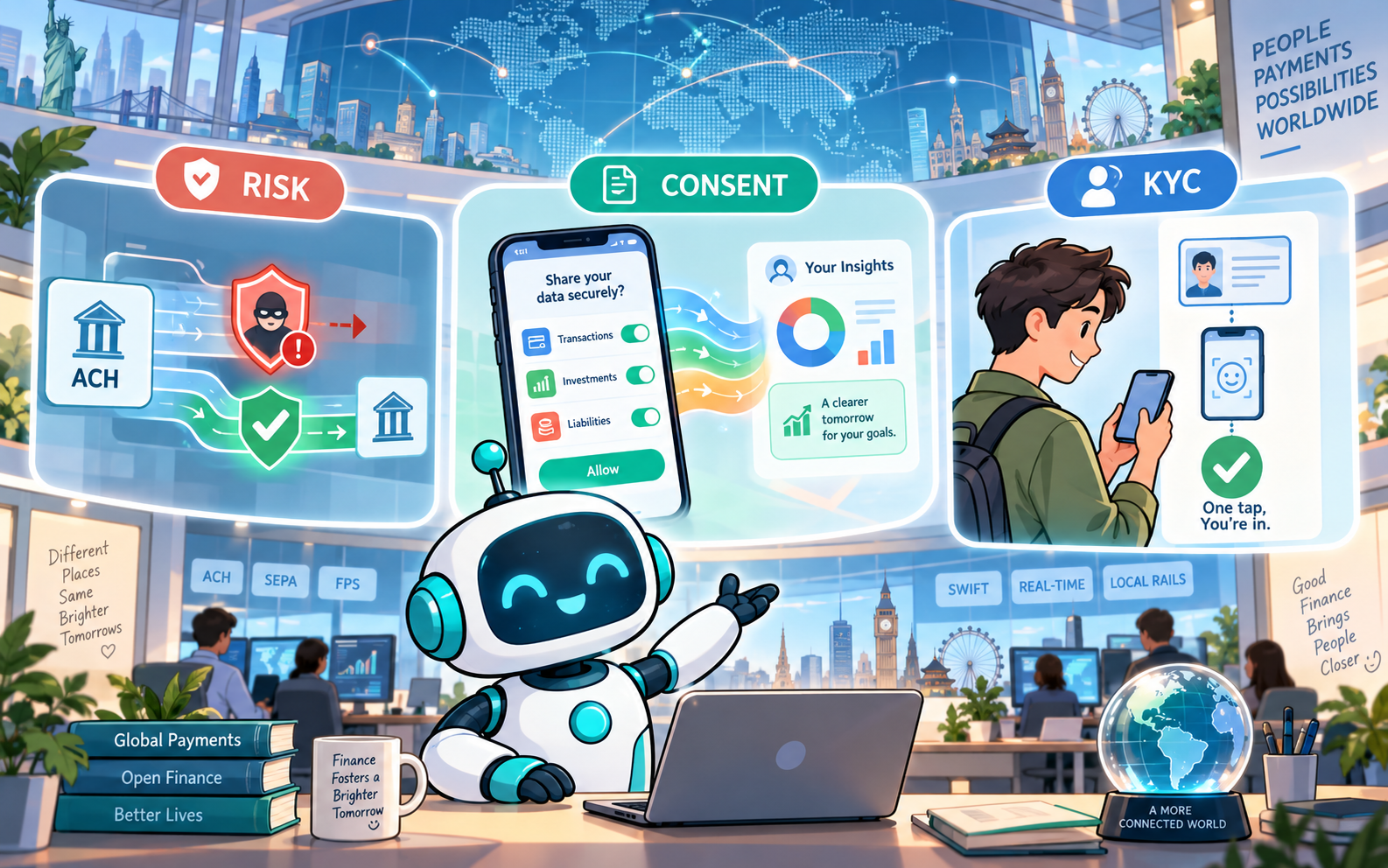 小機器人引導 ACH 風險檢查、資料同意與 KYC onboarding 的漫畫式金融科技圖